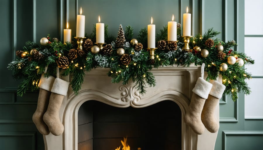 Decorated fireplace mantel with fairy lights and pine garland