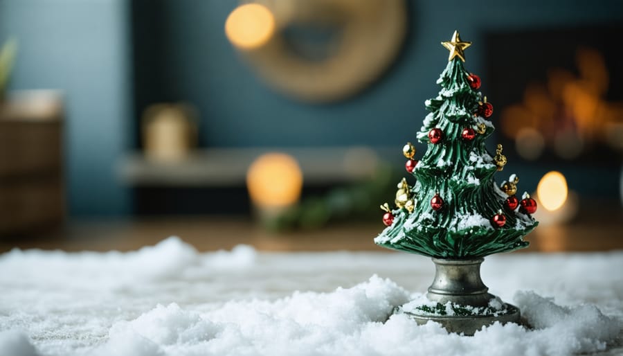 Repurposed vintage metal candle holder displaying small decorative Christmas tree with snow effect