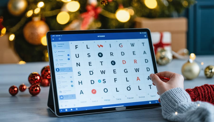 Person playing online word game on laptop in cozy evening setting with hot cocoa