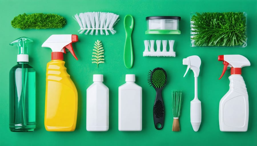 Neatly arranged cleaning supplies in a modern carrying caddy on kitchen counter