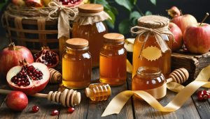A beautifully arranged tabletop display featuring diverse honey jars with Hebrew labels, wooden dippers, apples, pomegranates, and festive ribbons, symbolizing traditional Rosh Hashanah gifts.