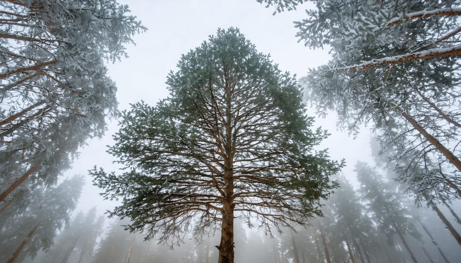"Frost-covered evergreen tree rising amidst a winter forest, symbolizing life and endurance."