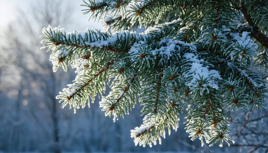 Frost-covered evergreen tree photographed from below against a winter forest background