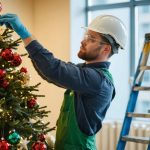 "Office worker carefully decorating a Christmas tree while standing safely on a stepladder."