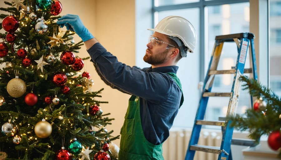 "Office worker carefully decorating a Christmas tree while standing safely on a stepladder."