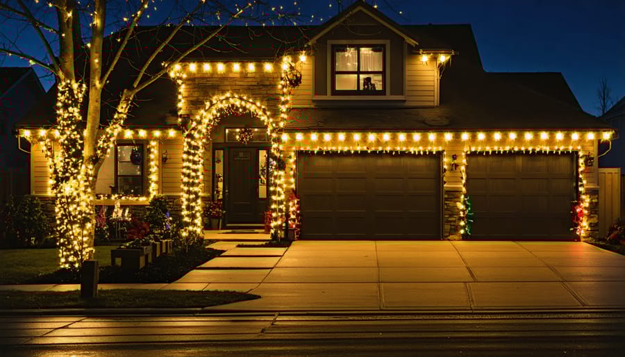 Organized holiday light power cords and surge protector setup