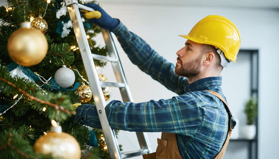 Person using stepladder correctly to hang Christmas decorations in office