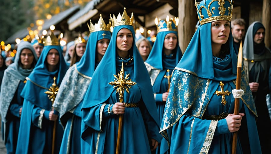 Young woman wearing traditional Saint Lucia crown of candles leading ceremonial procession