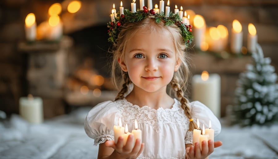 Swedish child wearing traditional Santa Lucia crown with lit candles and white gown