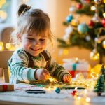 "A joyful three-year-old child making Christmas crafts at a small table, surrounded by fairy lights and holiday decor."