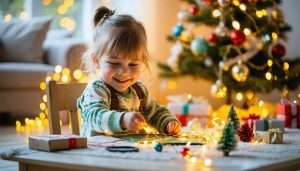 "A joyful three-year-old child making Christmas crafts at a small table, surrounded by fairy lights and holiday decor."