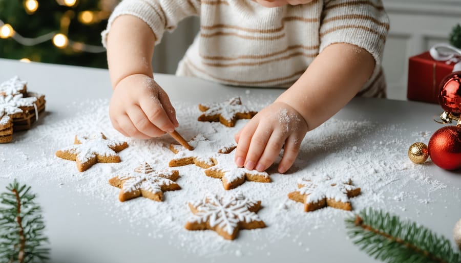 Young child's hands decorating Christmas cookies with sprinkles