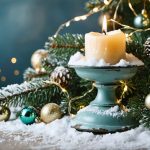 Vintage metal candle holder beautifully transformed into an enchanting Christmas centerpiece with fairy lights, artificial snow, pine sprigs, and festive ornaments.