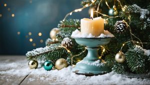 Vintage metal candle holder beautifully transformed into an enchanting Christmas centerpiece with fairy lights, artificial snow, pine sprigs, and festive ornaments.
