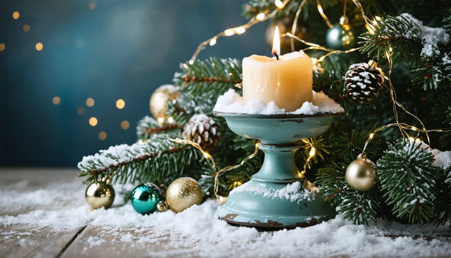 Vintage metal candle holder beautifully transformed into an enchanting Christmas centerpiece with fairy lights, artificial snow, pine sprigs, and festive ornaments.