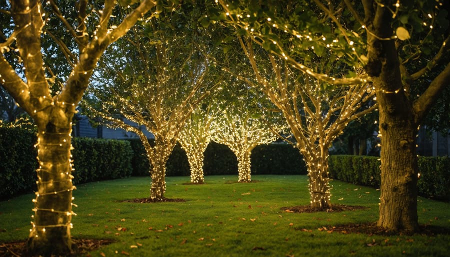 Close-up of evergreen branches wrapped in white Christmas lights with snow