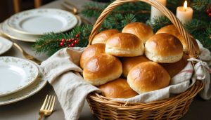 These Fluffy Vegan Dinner Rolls Will Steal the Show at Your Holiday Table Linen-lined basket filled with golden, fluffy vegan dinner rolls brushed with plant-based butter, on a festive holiday table with softly blurred plates, greenery, and candlelight.