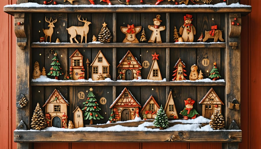 Vintage wooden German advent calendar with painted religious scenes and numbered doors