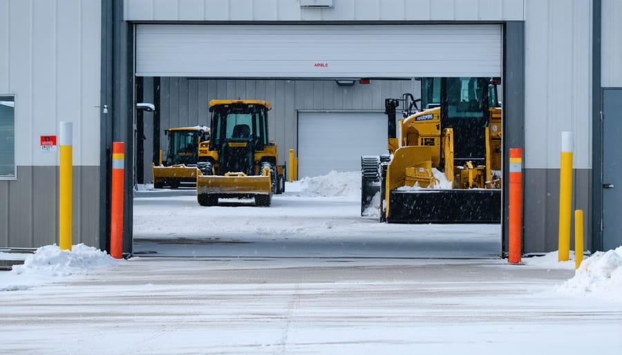 Snow-free office entrance with cleared walkways and parking area in winter