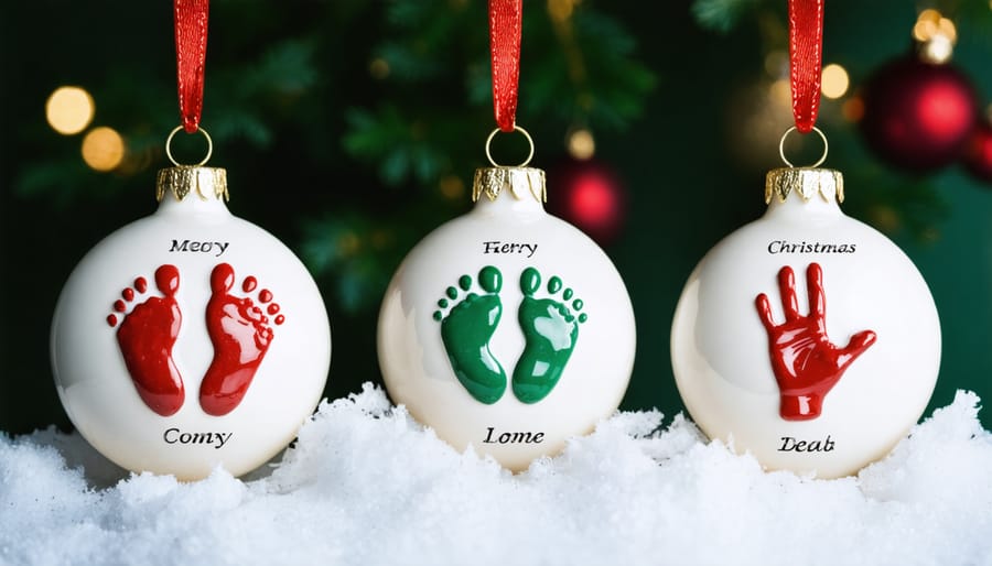 Close-up of ceramic baby footprint ornament with first Christmas date hanging on tree branch