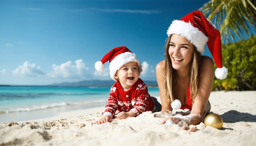 Family decorating palm tree with Christmas ornaments on sunny beach