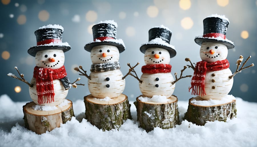 DIY snowman made from stacked birch logs and branches with red scarf on snowy lawn