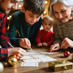 Multi-generational family gathered around a wooden table solving a holiday scavenger hunt with ornaments and an unmarked lockbox, warm string lights and a Christmas tree softly blurred in the background; no legible text visible.