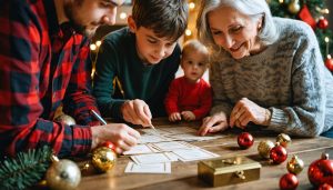 These Brain-Teasing Christmas Clues Will Challenge Your Whole Family Multi-generational family gathered around a wooden table solving a holiday scavenger hunt with ornaments and an unmarked lockbox, warm string lights and a Christmas tree softly blurred in the background; no legible text visible.
