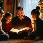 Multi-generational family seated in a cozy living room on Christmas Eve, with a parent reading a storybook by candlelight beside a softly glowing Christmas tree; faces softly illuminated, stockings on the mantle blurred in the background.