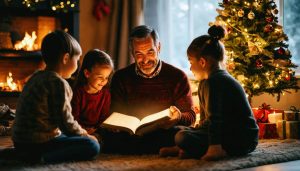 The Magic That Happens When Stories Meet Candlelight on Christmas Eve Multi-generational family seated in a cozy living room on Christmas Eve, with a parent reading a storybook by candlelight beside a softly glowing Christmas tree; faces softly illuminated, stockings on the mantle blurred in the background.