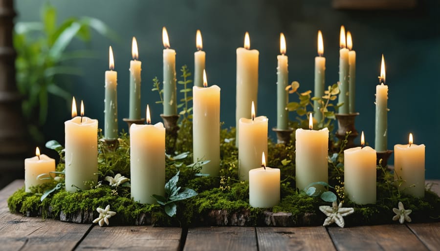 Arrangement of various candles with evergreen branches and holiday decorations on wooden surface
