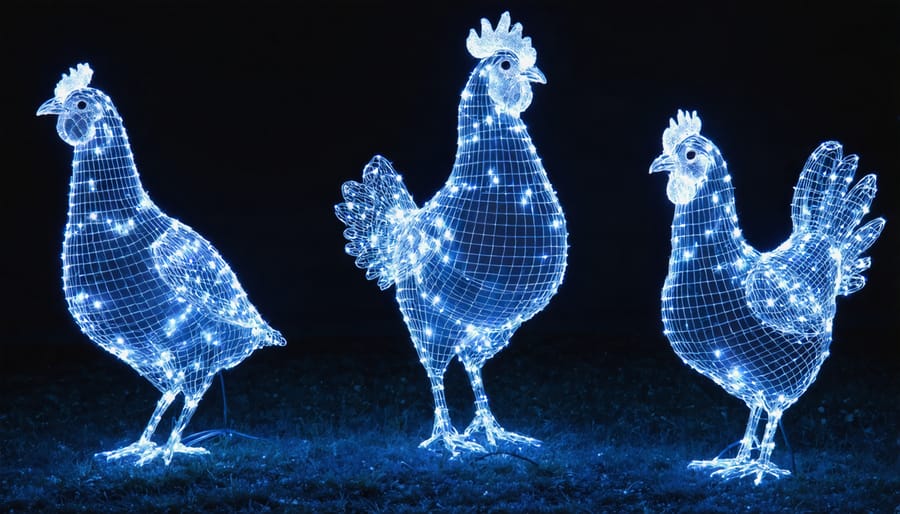 Illuminated chicken wire reindeer sculpture wrapped with string lights on front lawn at night
