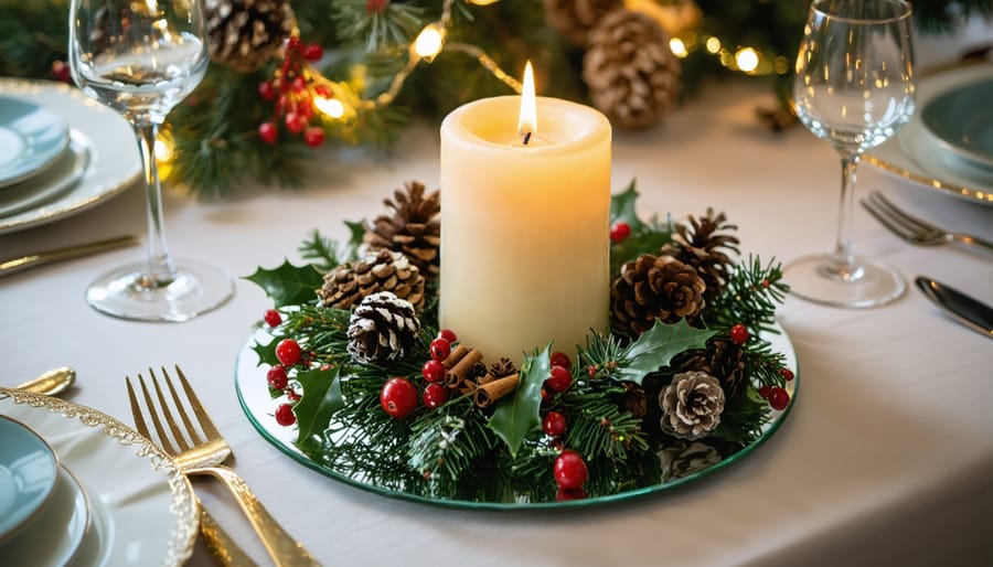 Close-up of a handcrafted evergreen candle ring with holly, pinecones, cinnamon sticks, and red berries around an ivory pillar candle on a mirror plate, glowing warmly with a blurred holiday table and bokeh lights in the background.