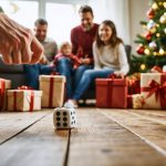 Hand rolling a white die on a wooden coffee table next to wrapped Christmas gifts, with a blurred family circle and glowing Christmas tree in the background