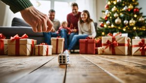 The Dice Game That Turned Our Gift Exchange Into the Highlight of Christmas Hand rolling a white die on a wooden coffee table next to wrapped Christmas gifts, with a blurred family circle and glowing Christmas tree in the background