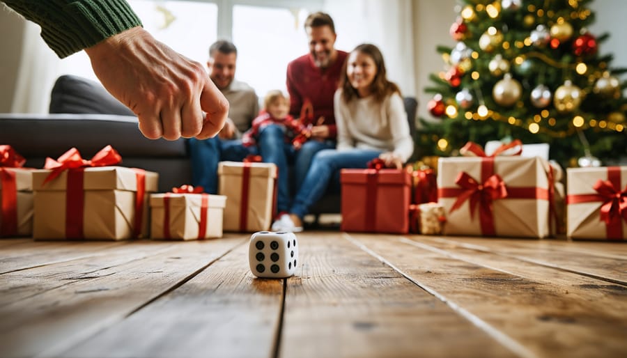 Hand rolling a white die on a wooden coffee table next to wrapped Christmas gifts, with a blurred family circle and glowing Christmas tree in the background