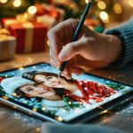 Over-the-shoulder view of a hand using a stylus on a tablet to add glowing Christmas string lights to a family portrait, with a blurred Christmas tree and warm fairy lights in the background.