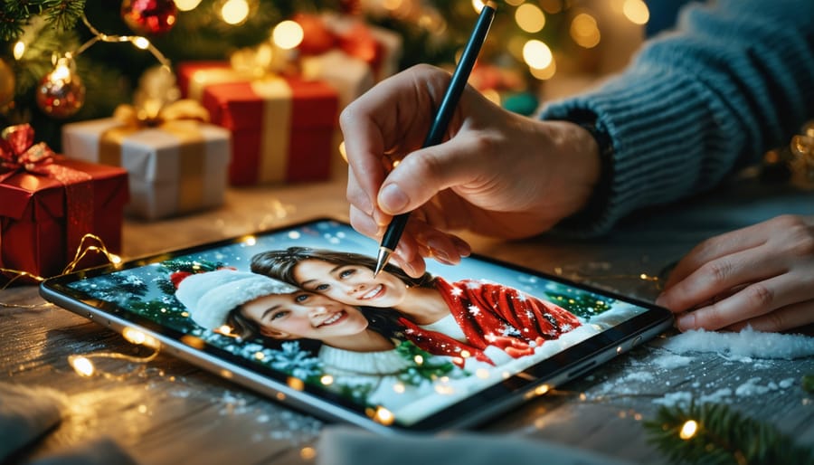 Over-the-shoulder view of a hand using a stylus on a tablet to add glowing Christmas string lights to a family portrait, with a blurred Christmas tree and warm fairy lights in the background.