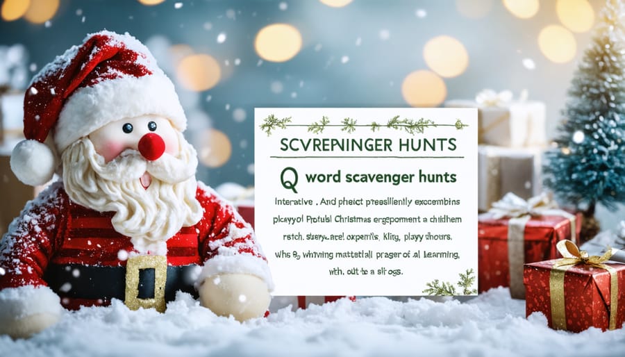 Overhead view of family playing Christmas word scavenger hunt game on floor with festive decorations