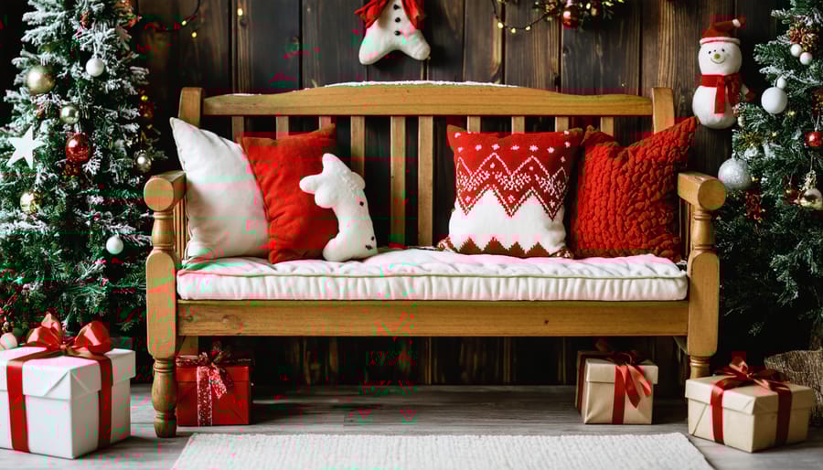 Handcrafted wooden bench with Christmas decorations and holiday books in cozy reading nook
