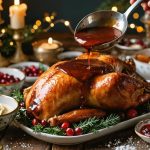 Ladle pouring glossy gravy over golden roast turkey with bowls of cranberry sauce, bread sauce, and brandy butter on a rustic table, candlelit ambiance and blurred festive decor behind.