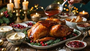 The Secret to Making Every Christmas Dish Unforgettable Ladle pouring glossy gravy over golden roast turkey with bowls of cranberry sauce, bread sauce, and brandy butter on a rustic table, candlelit ambiance and blurred festive decor behind.