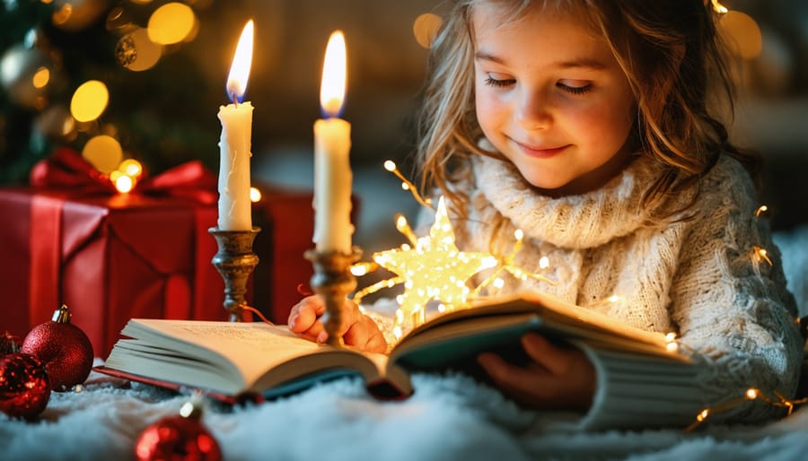 Hands holding open vintage Christmas storybook by candlelight with child reaching to look