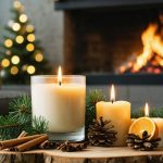 Natural wax holiday candles—a white coconut wax candle in glass and a small beeswax pillar—burn cleanly on a wooden coffee table with pine, cinnamon, and dried orange slices; warm firelight and a slightly open window in the blurred background.