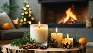The Truth About Holiday Scented Candles and Your Family's Health Natural wax holiday candles—a white coconut wax candle in glass and a small beeswax pillar—burn cleanly on a wooden coffee table with pine, cinnamon, and dried orange slices; warm firelight and a slightly open window in the blurred background.