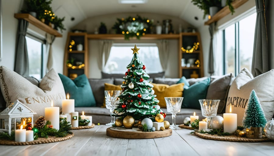 Clean and festively decorated mobile home living room with Christmas decorations and warm lighting