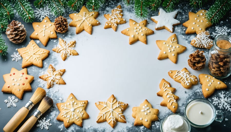 Overhead view of Christmas cookie decorating station with frosting, sprinkles, and decorated cookies