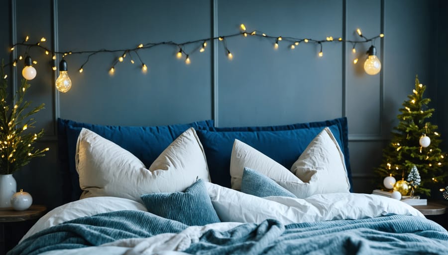 Peaceful bedroom decorated with soft Christmas lights and cozy bedding creating a sleep-friendly holiday atmosphere