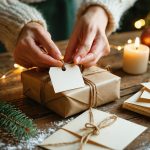 Hands attaching a blank cream gift tag to a twine-wrapped holiday present on a rustic table with blank vintage cards, evergreen sprig, and soft golden fairy lights blurred in the background