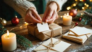 Short Holiday Greetings That Sound Like You Actually Mean Them Hands attaching a blank cream gift tag to a twine-wrapped holiday present on a rustic table with blank vintage cards, evergreen sprig, and soft golden fairy lights blurred in the background